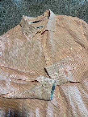 Tommy Bahama Linen Peach Striped Long-Sleeve Shirt XL Beach Summer